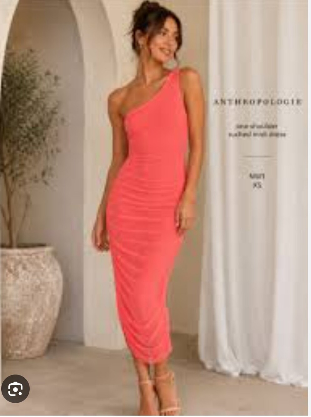 Anthropologie Coral One-Shoulder Ruched Midi Dress US 16